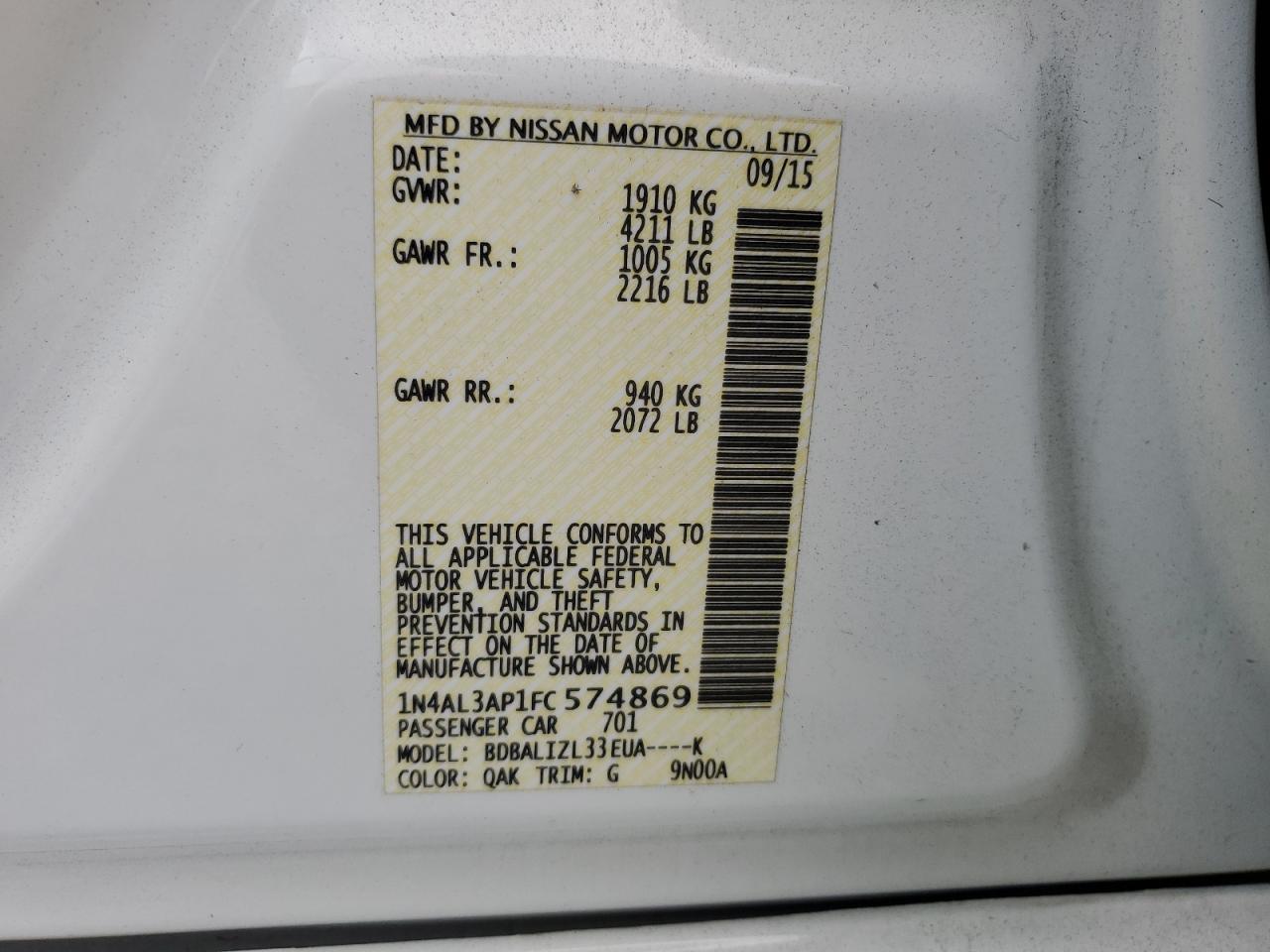 VIN 1N4AL3AP1FC574869 2015 NISSAN ALTIMA no.12