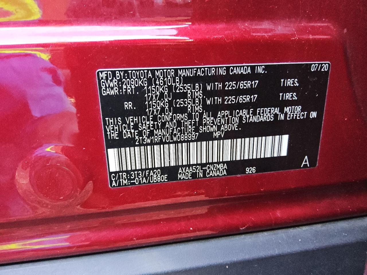 VIN 2T3W1RFV0LW088997 2020 TOYOTA RAV4 no.13