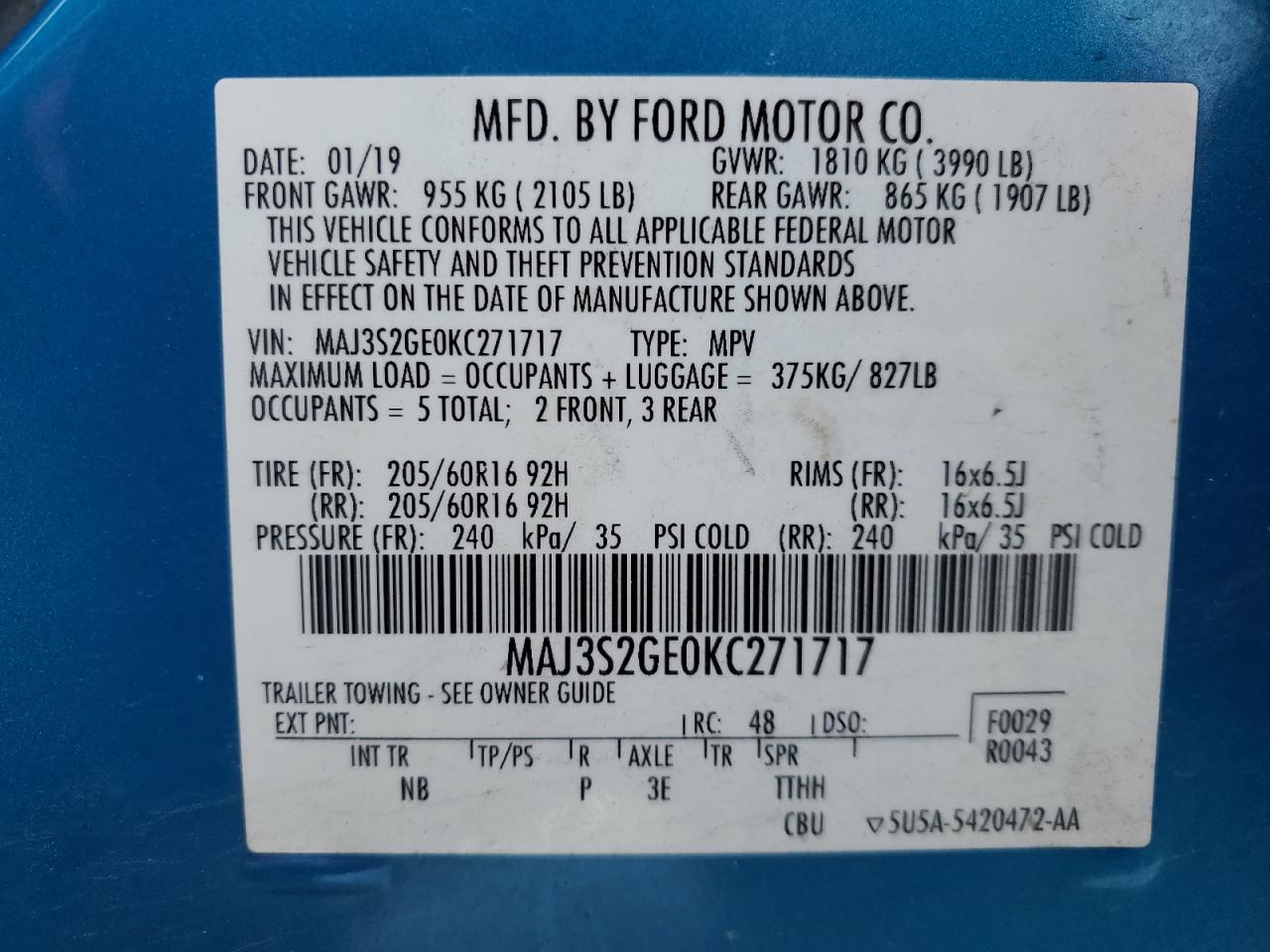 2019 Ford Ecosport Se VIN: MAJ3S2GE0KC271717 Lot: 84943004