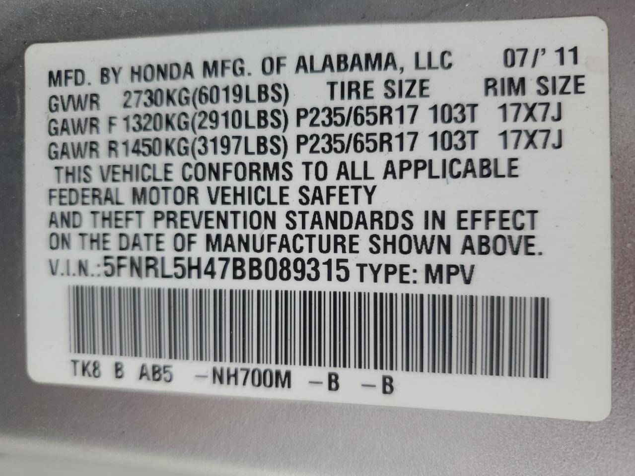 2011 Honda Odyssey Ex VIN: 5FNRL5H47BB089315 Lot: 85153584
