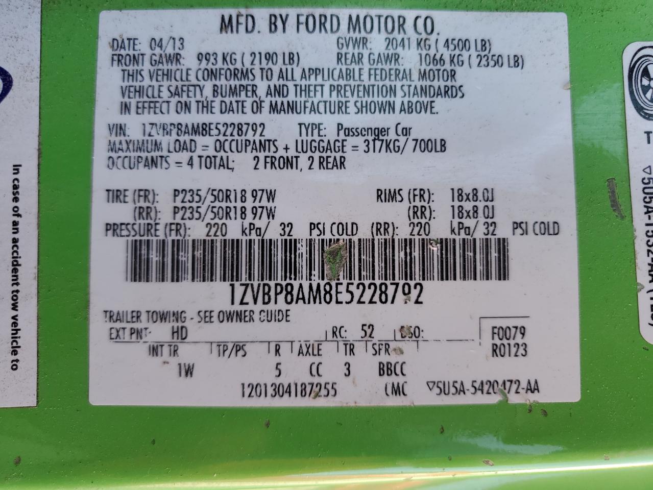 VIN 1ZVBP8AM8E5228792 2014 FORD ALL Models no.12