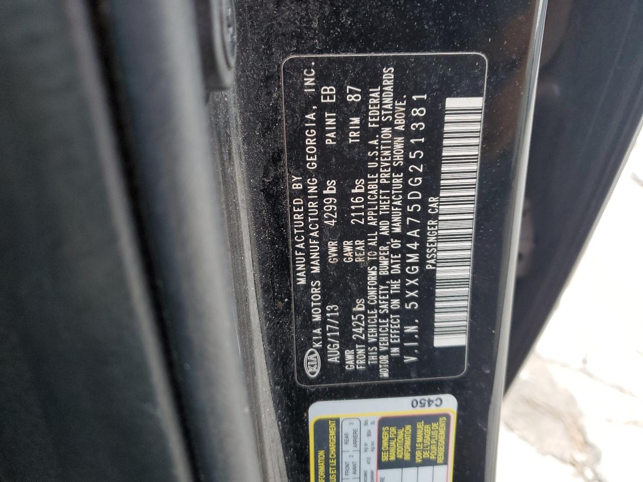 2013 Kia Optima Lx VIN: 5XXGM4A75DG251381 Lot: 66992365