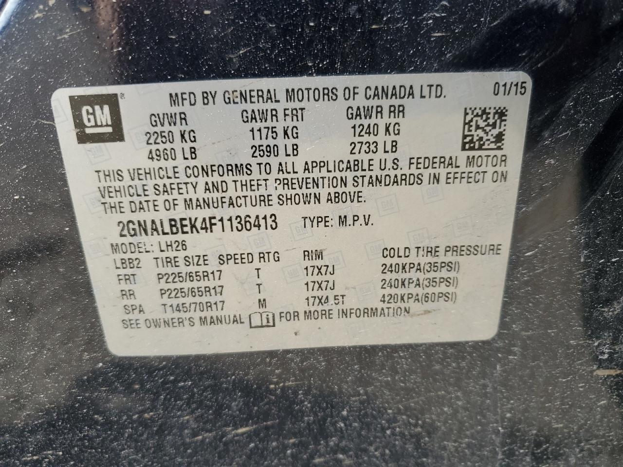 CHEVROLET EQUINOX 2015 VIN 2GNALBEK4F1136413 фото 14