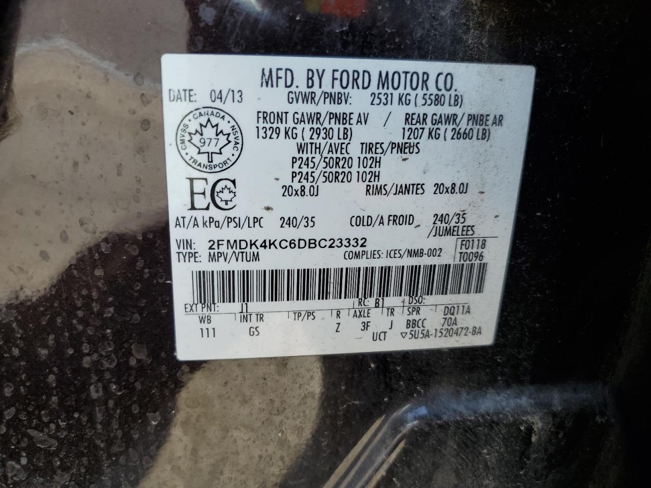 2013 Ford Edge Limited VIN: 2FMDK4KC6DBC23332 Lot: 84076924