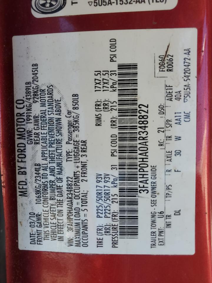 2010 Ford Fusion Se VIN: 3FAHP0HA0AR348822 Lot: 52969635