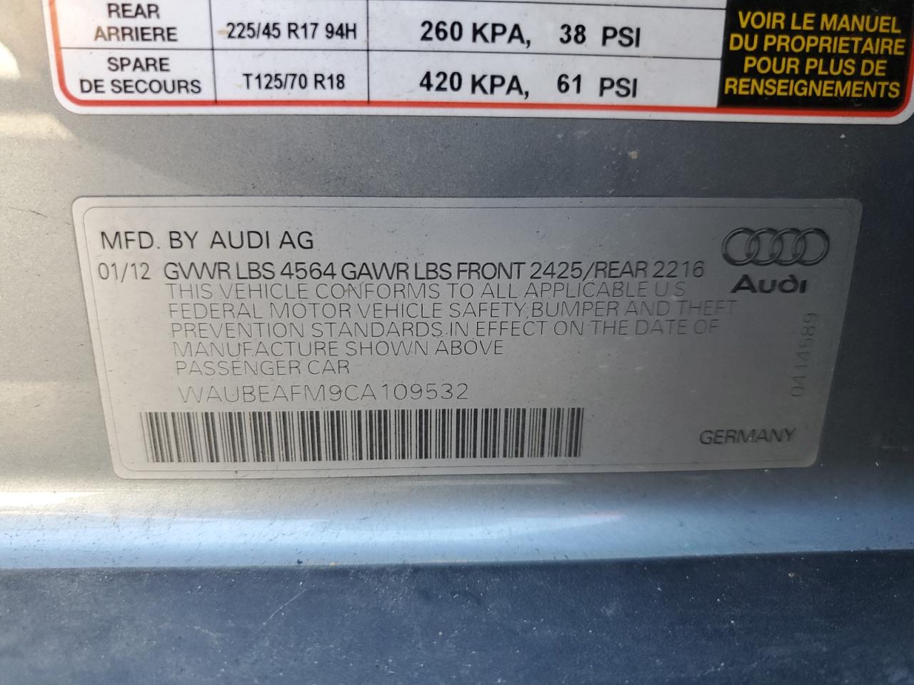 2012 Audi A3 Premium VIN: WAUBEAFM9CA109532 Lot: 83486894
