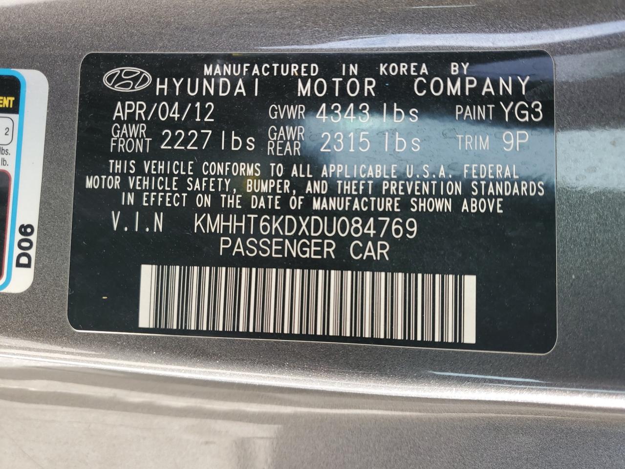 VIN KMHHT6KDXDU084769 2013 HYUNDAI GENESIS no.12