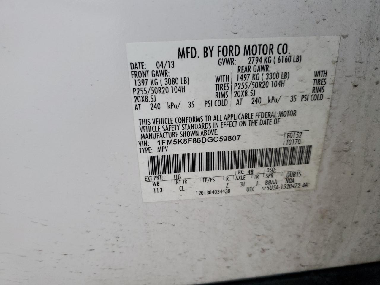 VIN 1FM5K8F86DGC59807 2013 FORD EXPLORER no.13