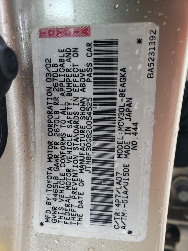 2002 Lexus Es 300 VIN: JTHBF30G820054525 Lot: 86354084