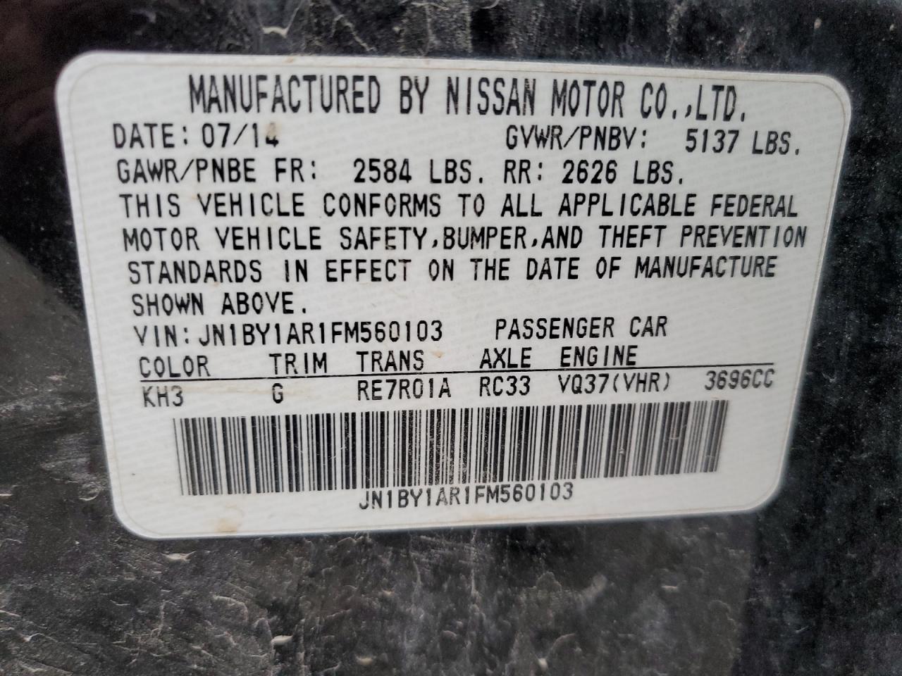 2015 Infiniti Q70 3.7 VIN: JN1BY1AR1FM560103 Lot: 81646324