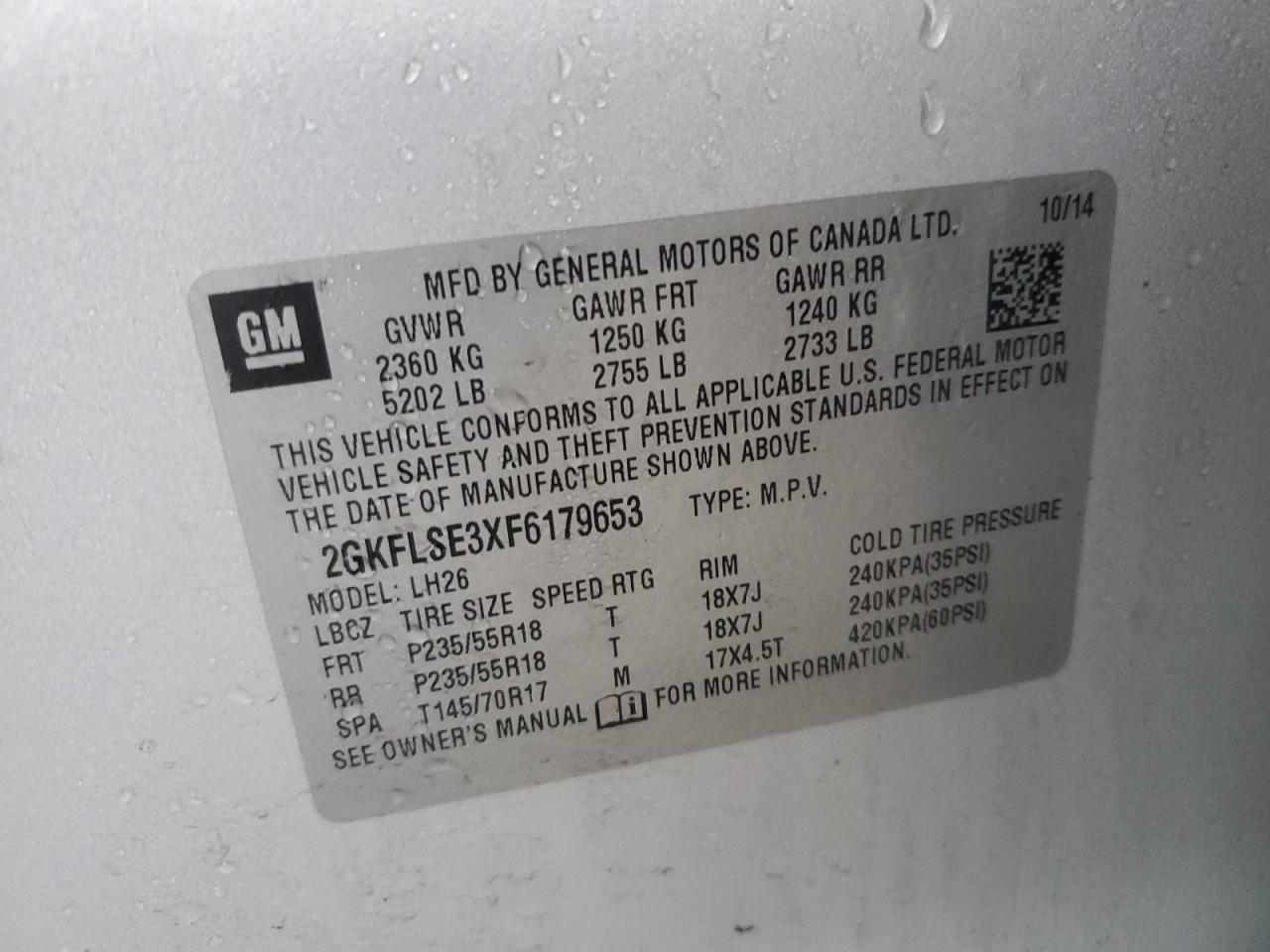 2015 GMC Terrain Slt VIN: 2GKFLSE3XF6179653 Lot: 85263874