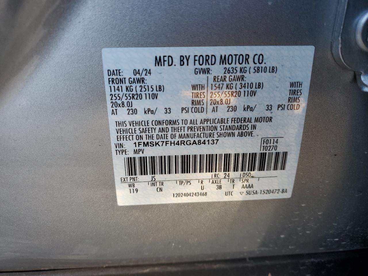 2024 Ford Explorer Limited VIN: 1FMSK7FH4RGA84137 Lot: 84620644