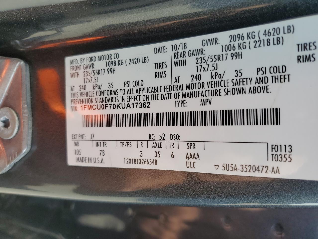 VIN 1FMCU0F70KUA17362 2019 FORD ESCAPE no.14