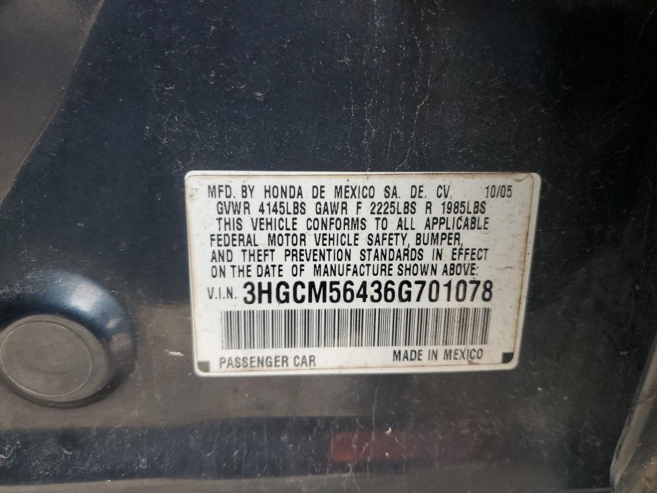 2006 Honda Accord Lx VIN: 3HGCM56436G701078 Lot: 85092704