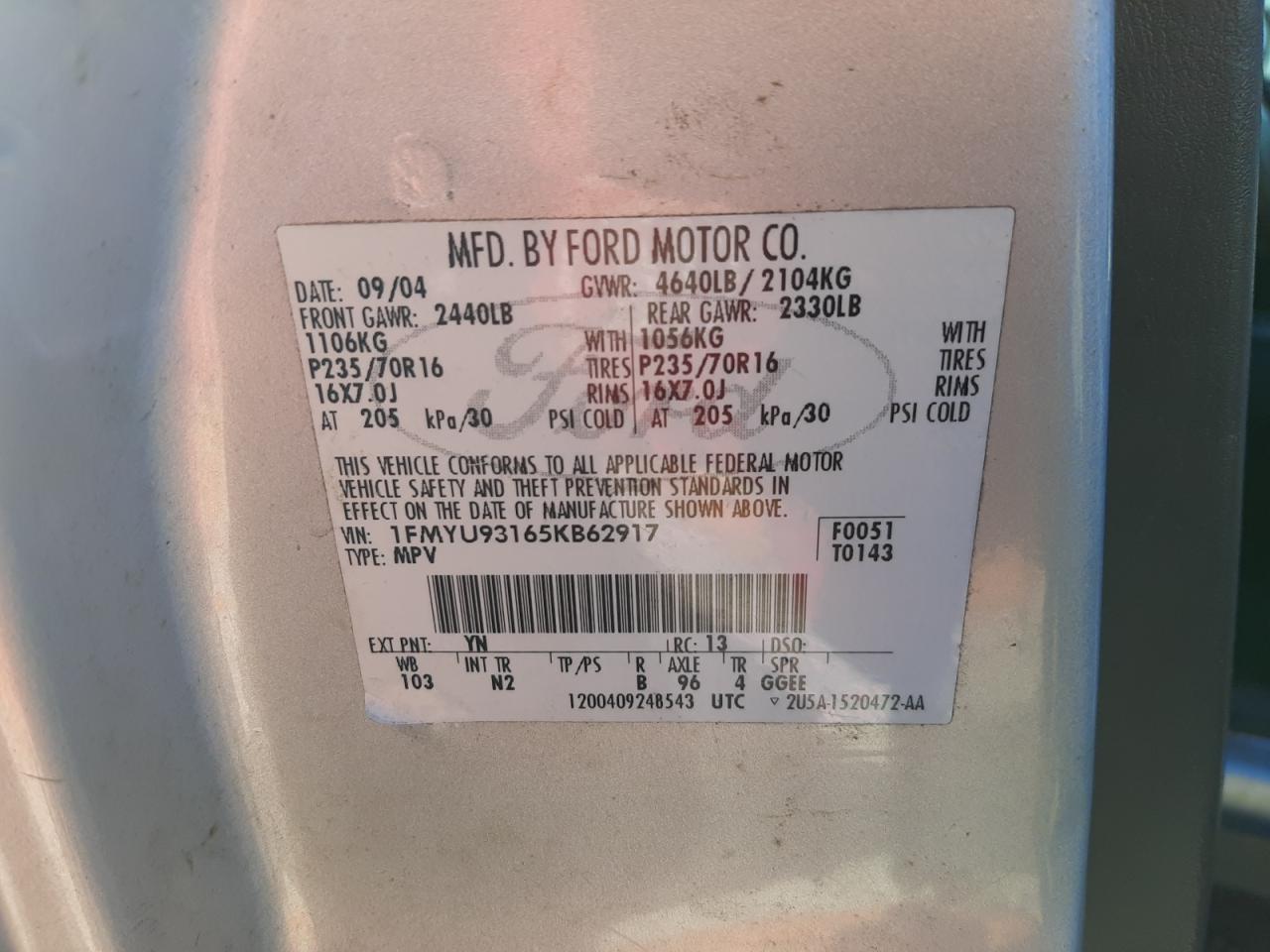 2005 Ford Escape Xlt VIN: 1FMYU93165KB62917 Lot: 86799154