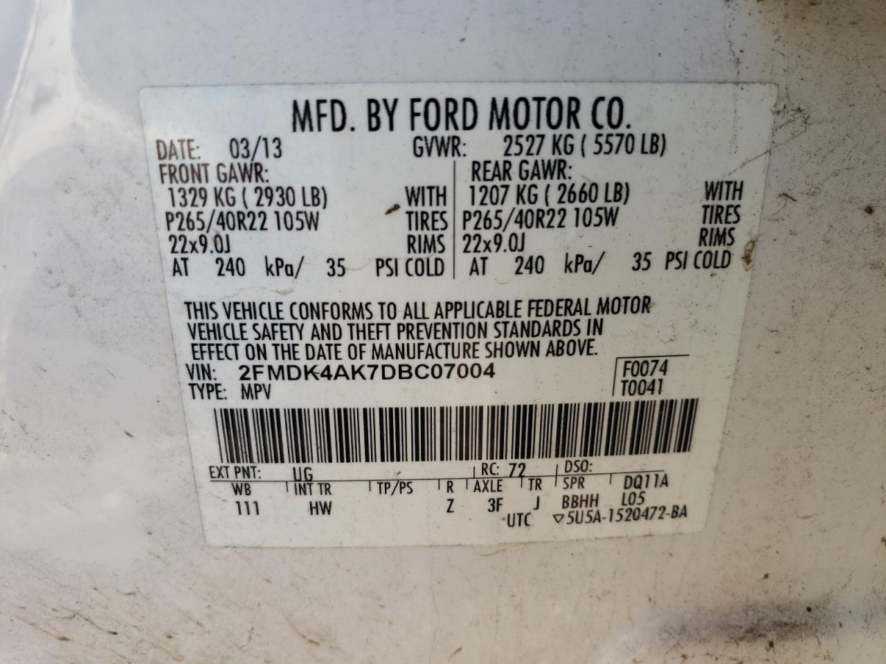 VIN 2FMDK4AK7DBC07004 2013 FORD EDGE no.14