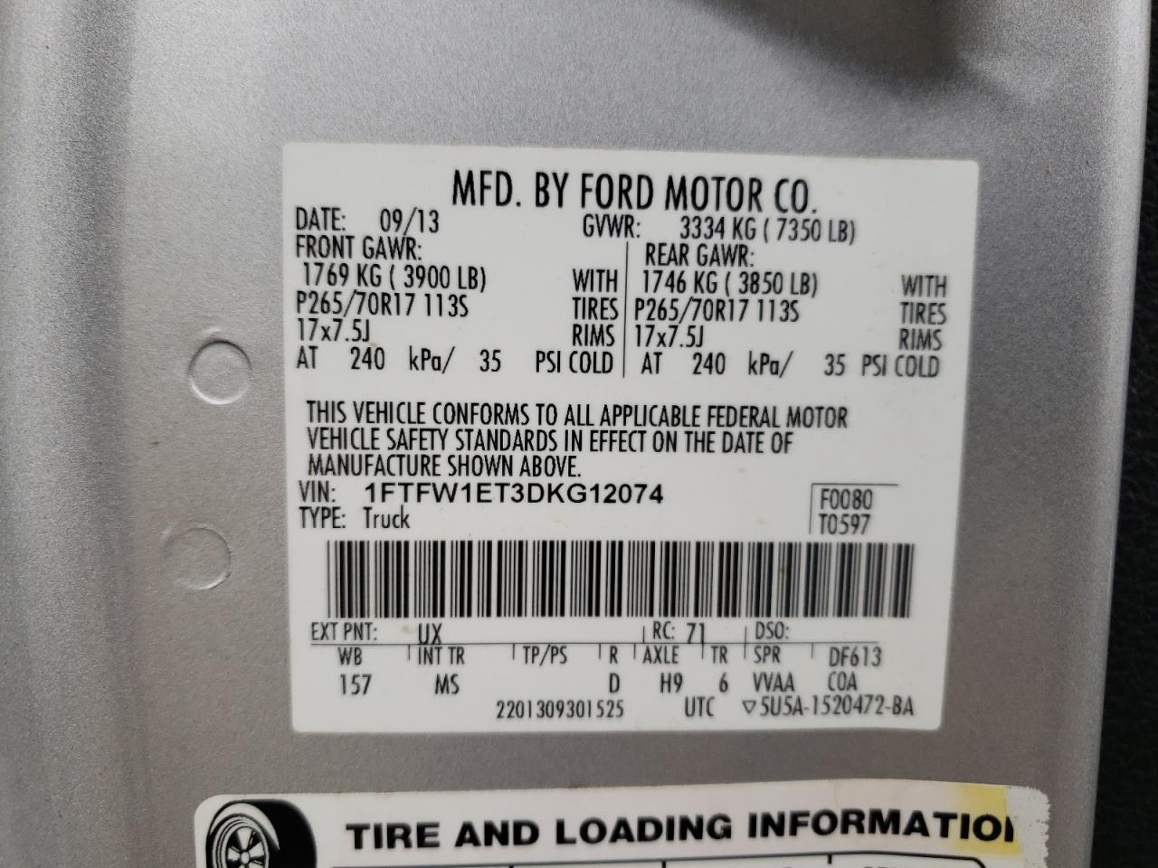 2013 Ford F150 Supercrew VIN: 1FTFW1ET3DKG12074 Lot: 83775714