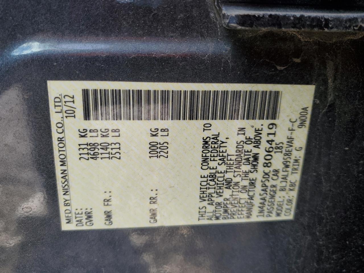 2013 Nissan Maxima S VIN: 1N4AA5AP5DC806419 Lot: 83524564