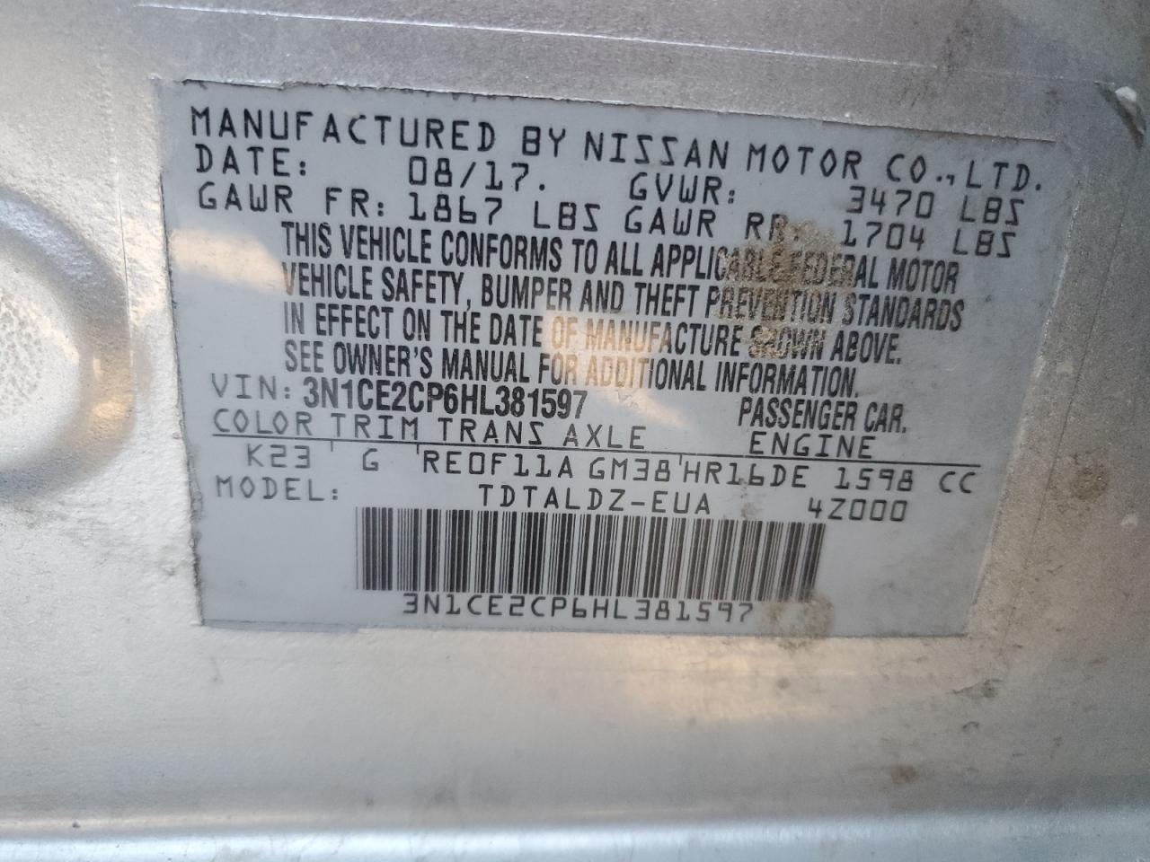 VIN 3N1CE2CP6HL381597 2017 NISSAN VERSA no.12