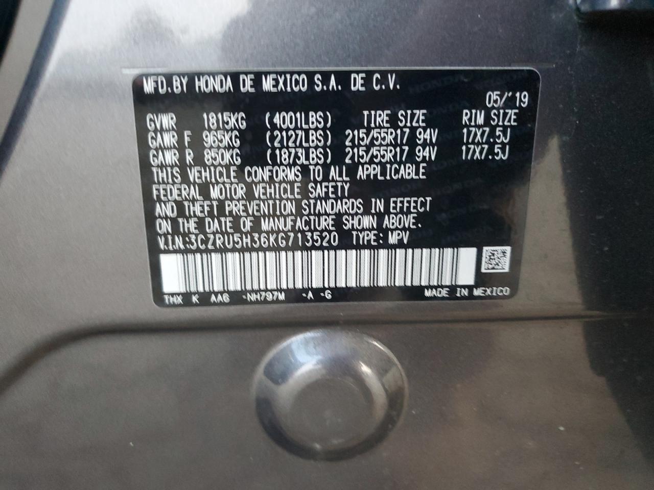 VIN 3CZRU5H36KG713520 2019 HONDA HR-V no.13