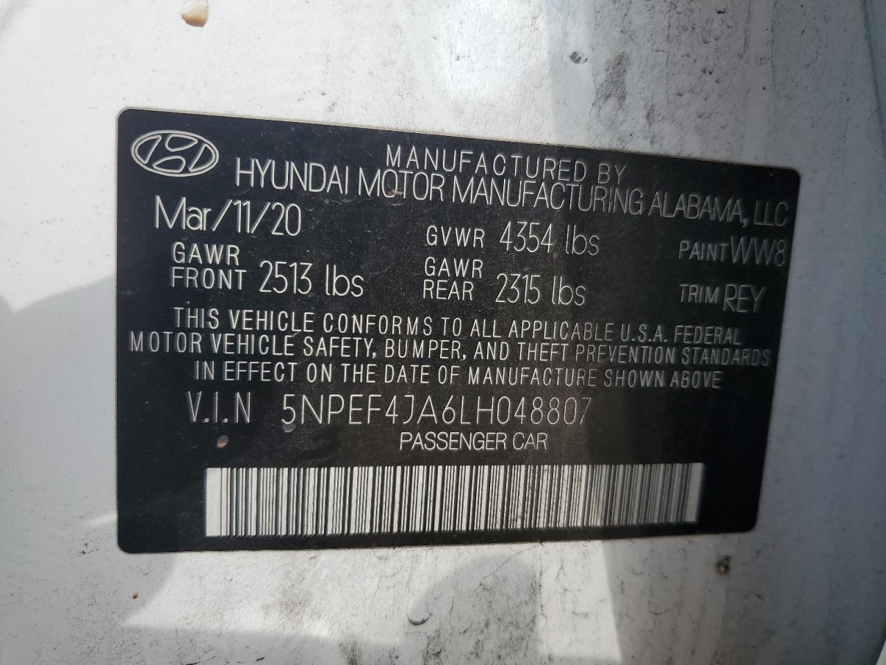 2020 Hyundai Sonata Sel VIN: 5NPEF4JA6LH048807 Lot: 86618104