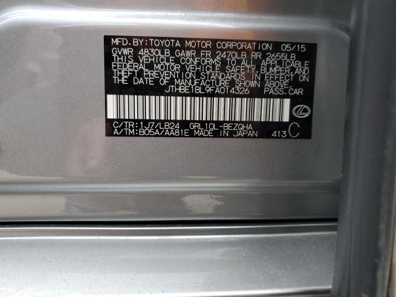 2015 Lexus Gs 350 VIN: JTHBE1BL9FA014326 Lot: 87062874