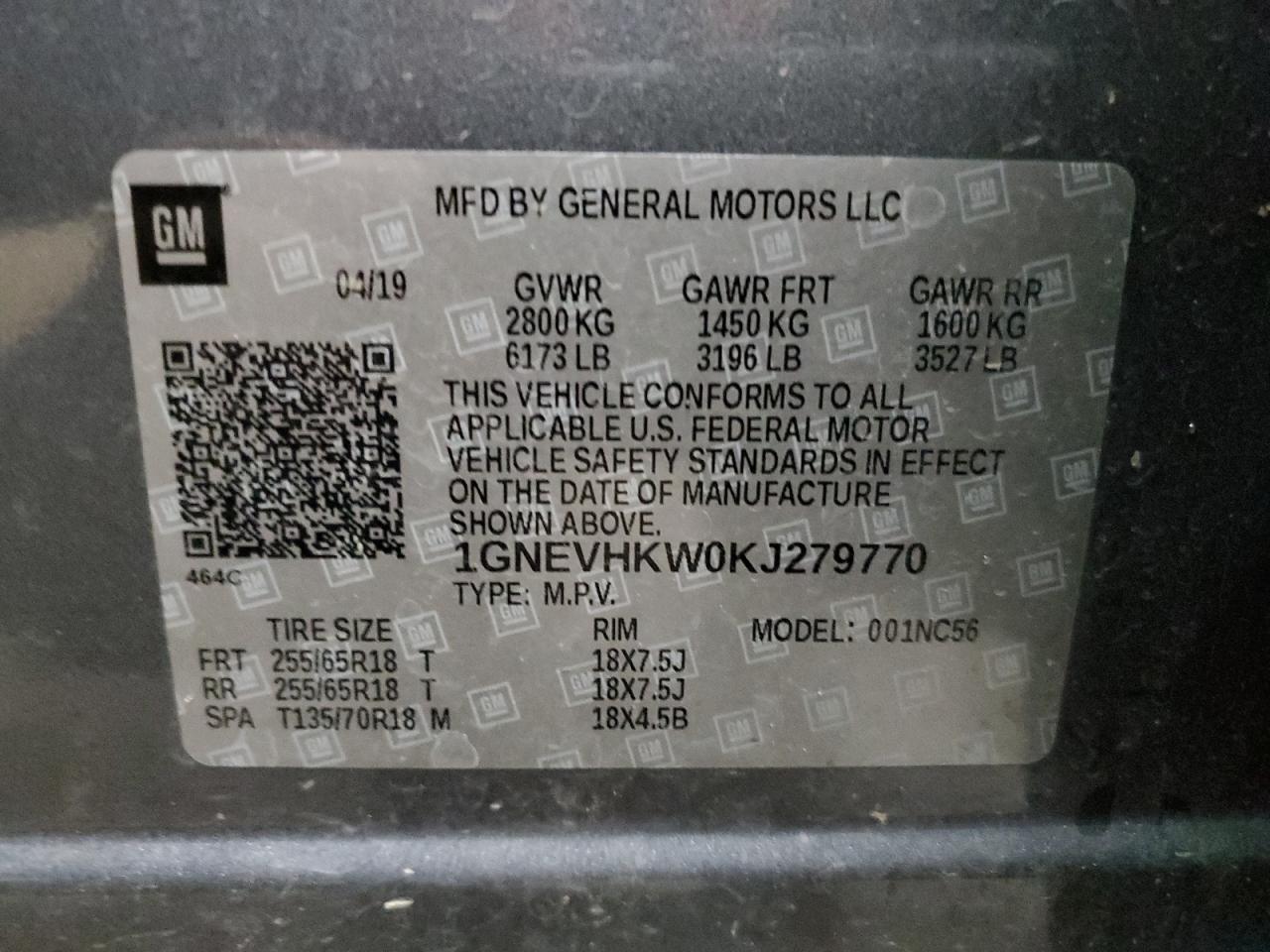 VIN 1GNEVHKW0KJ279770 2019 CHEVROLET TRAVERSE no.13