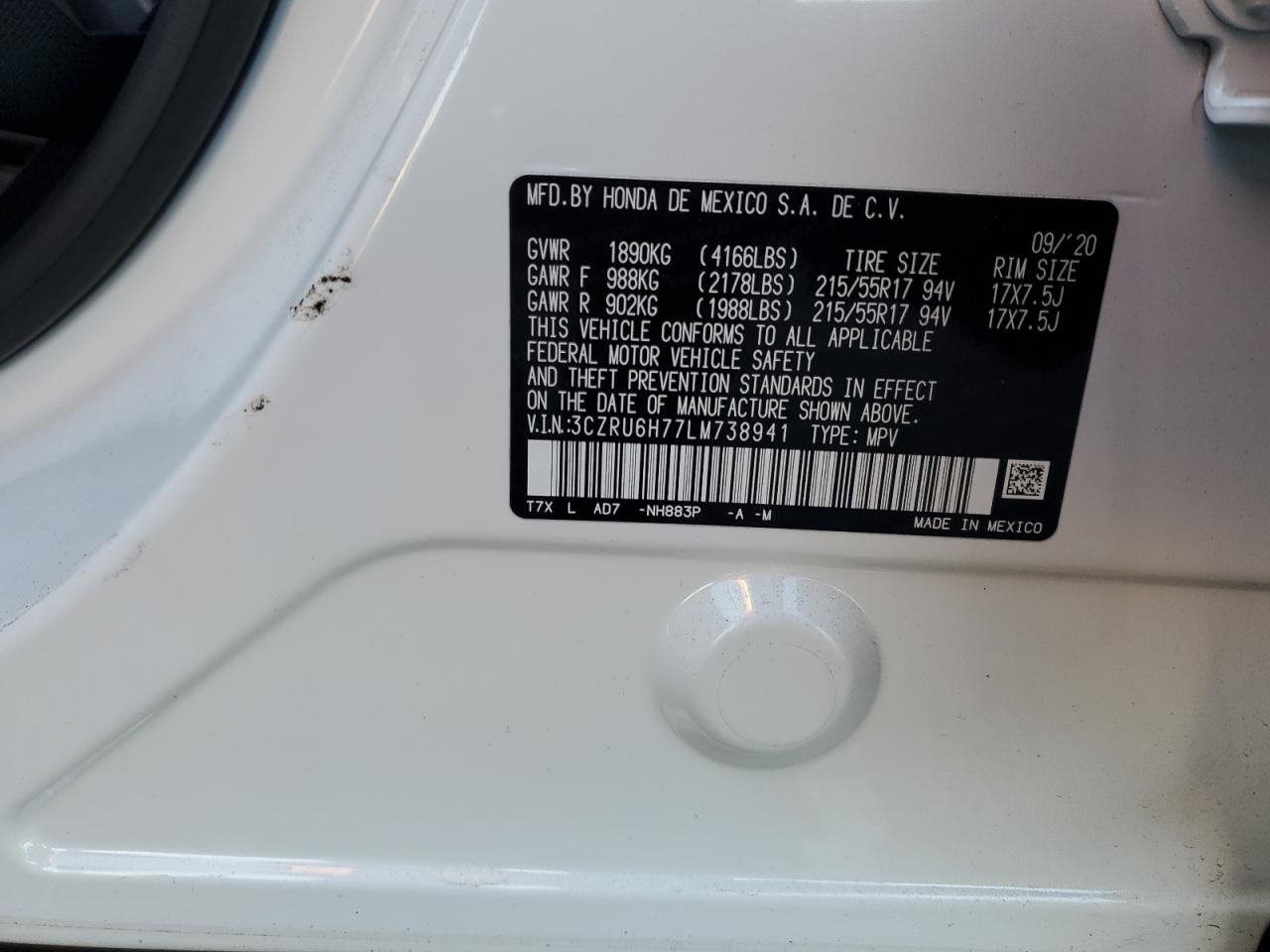 3CZRU6H77LM738941 HONDA HR-V 2020