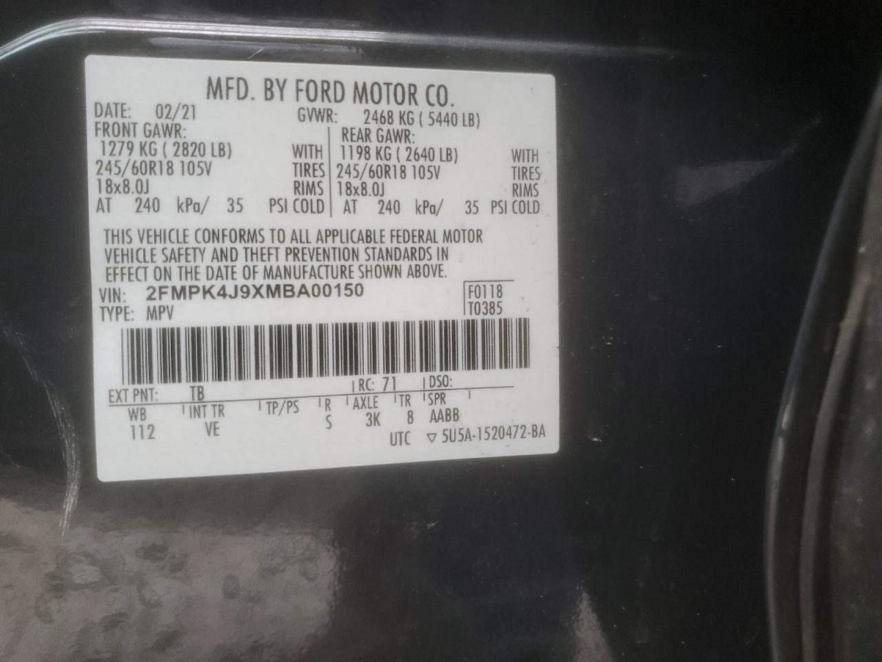 VIN 2FMPK4J9XMBA00150 2021 FORD EDGE no.13