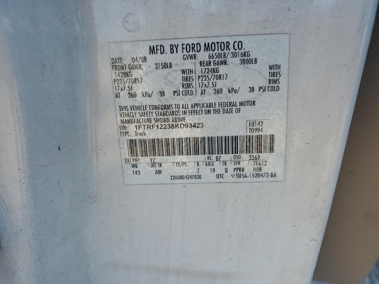 2008 Ford F150 VIN: 1FTRF12238KD93423 Lot: 80444224