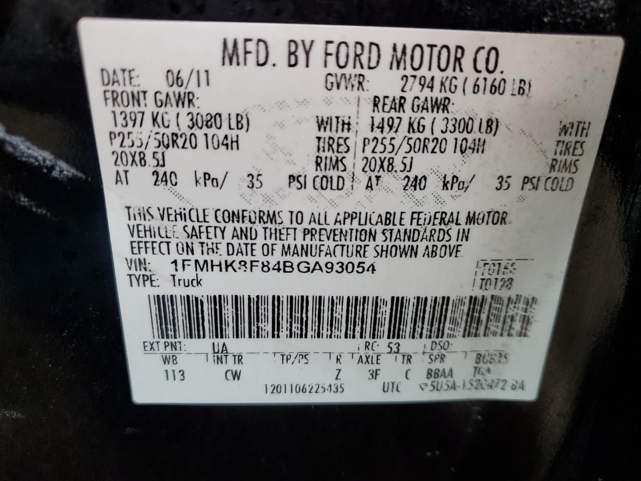 2011 Ford Explorer Limited VIN: 1FMHK8F84BGA93054 Lot: 86137314