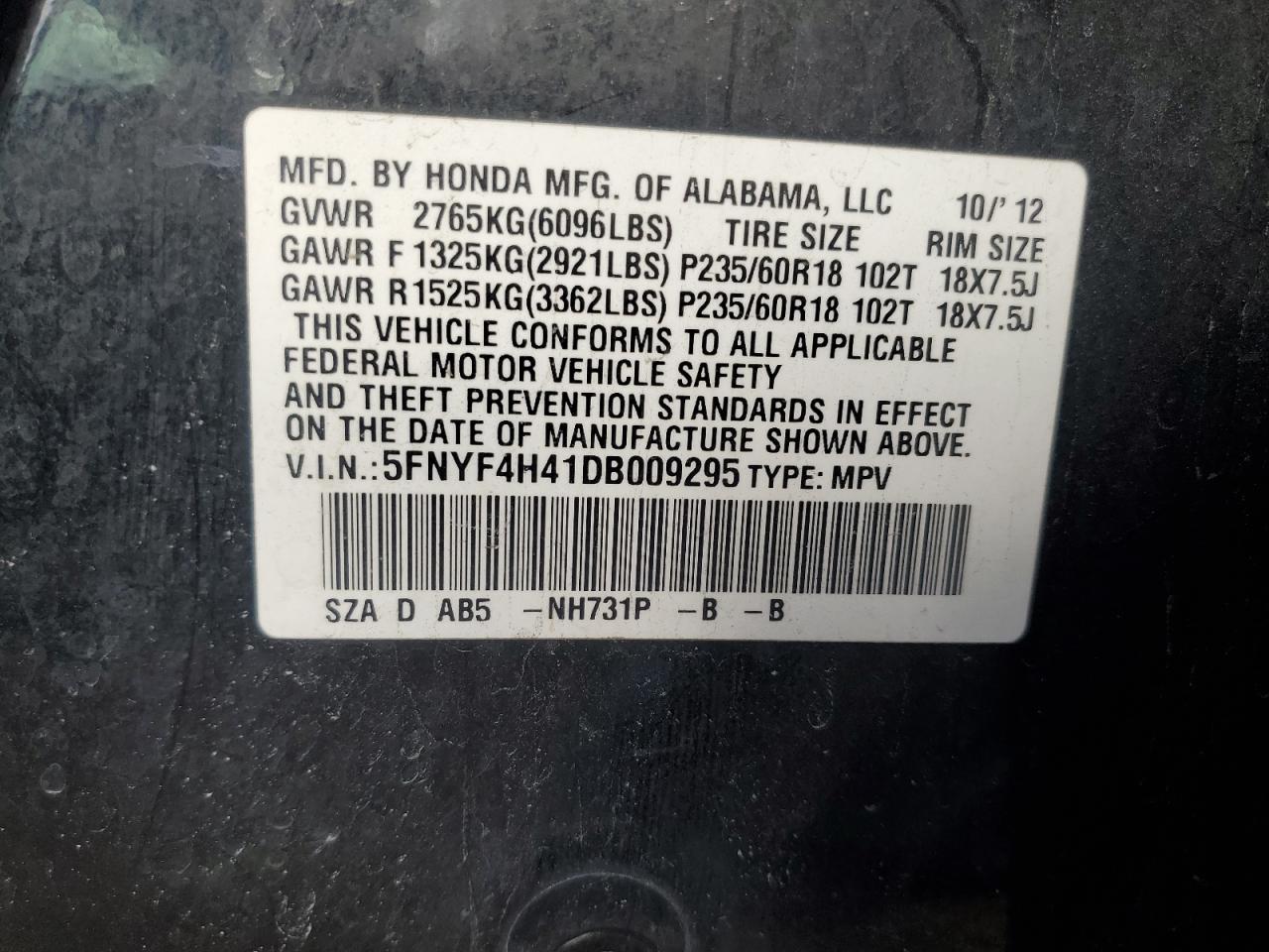 VIN 5FNYF4H41DB009295 2013 HONDA PILOT no.13