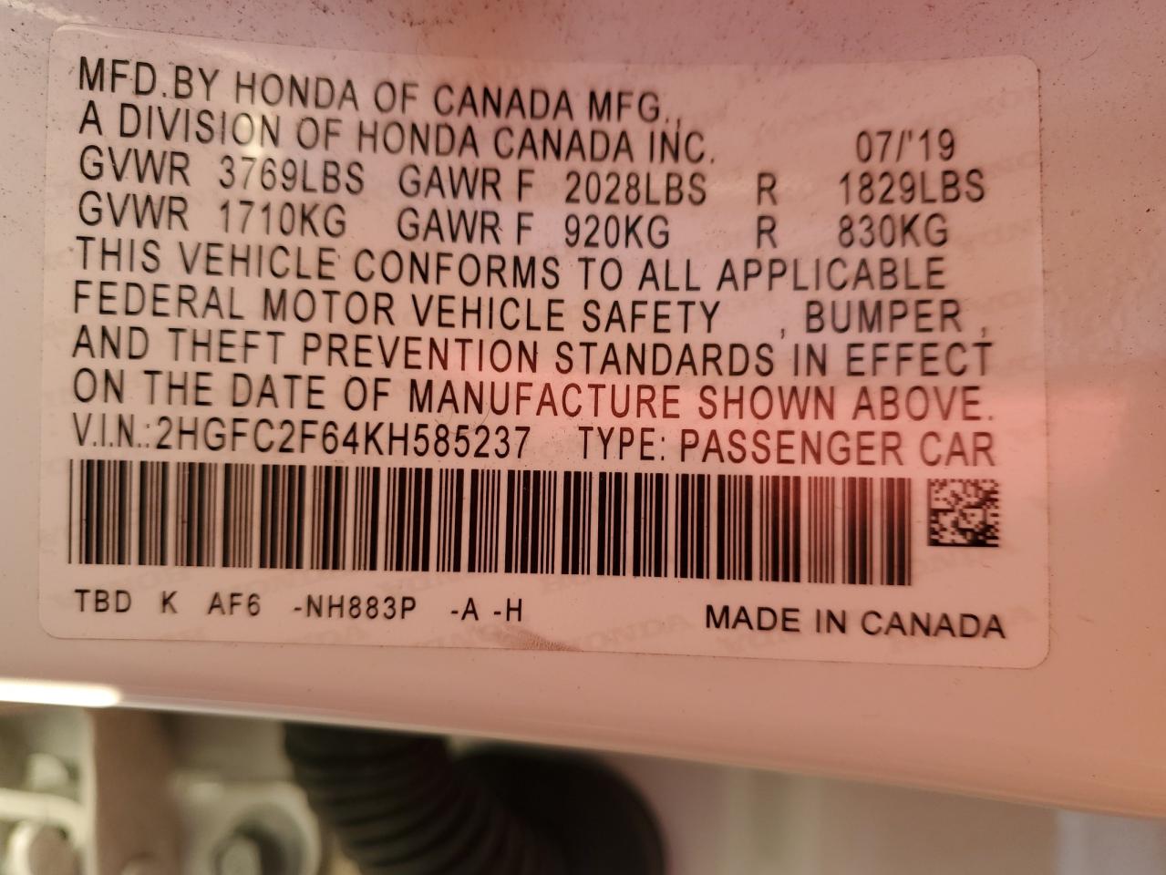 2HGFC2F64KH585237 HONDA CIVIC 2019