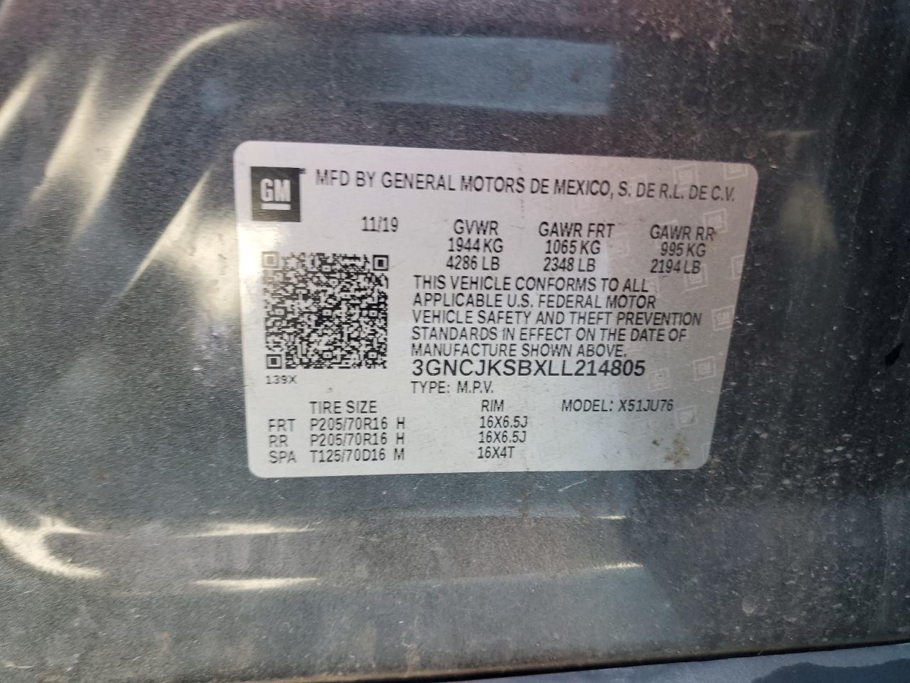 2020 Chevrolet Trax Ls VIN: 3GNCJKSBXLL214805 Lot: 84187084