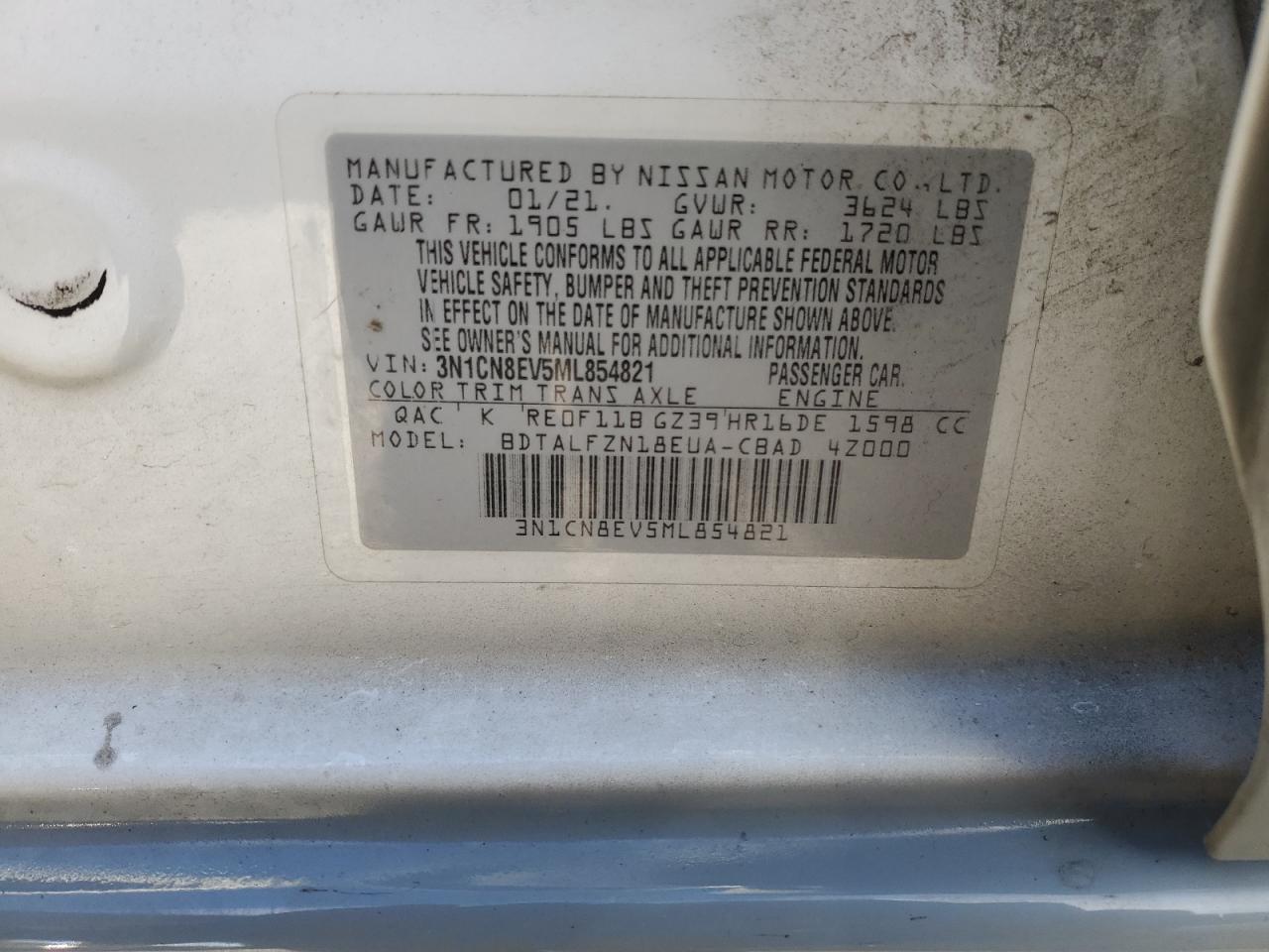 VIN 3N1CN8EV5ML854821 2021 NISSAN VERSA no.12