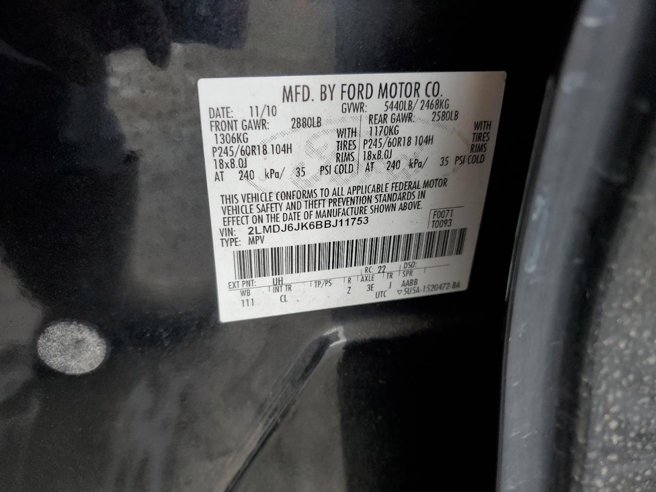 2011 Lincoln Mkx VIN: 2LMDJ6JK6BBJ11753 Lot: 85166814