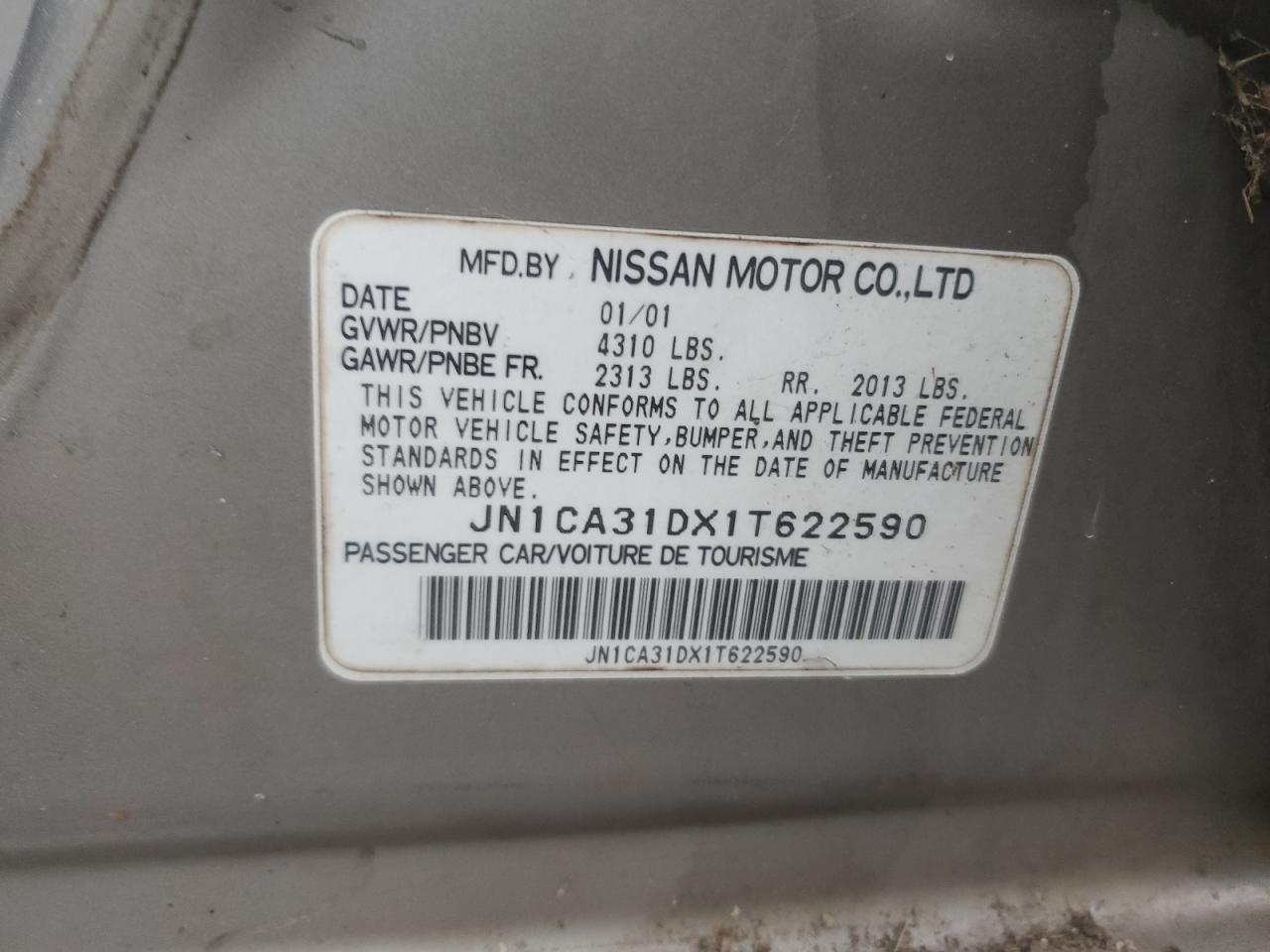 2001 Nissan Maxima Gxe VIN: JN1CA31DX1T622590 Lot: 85303504