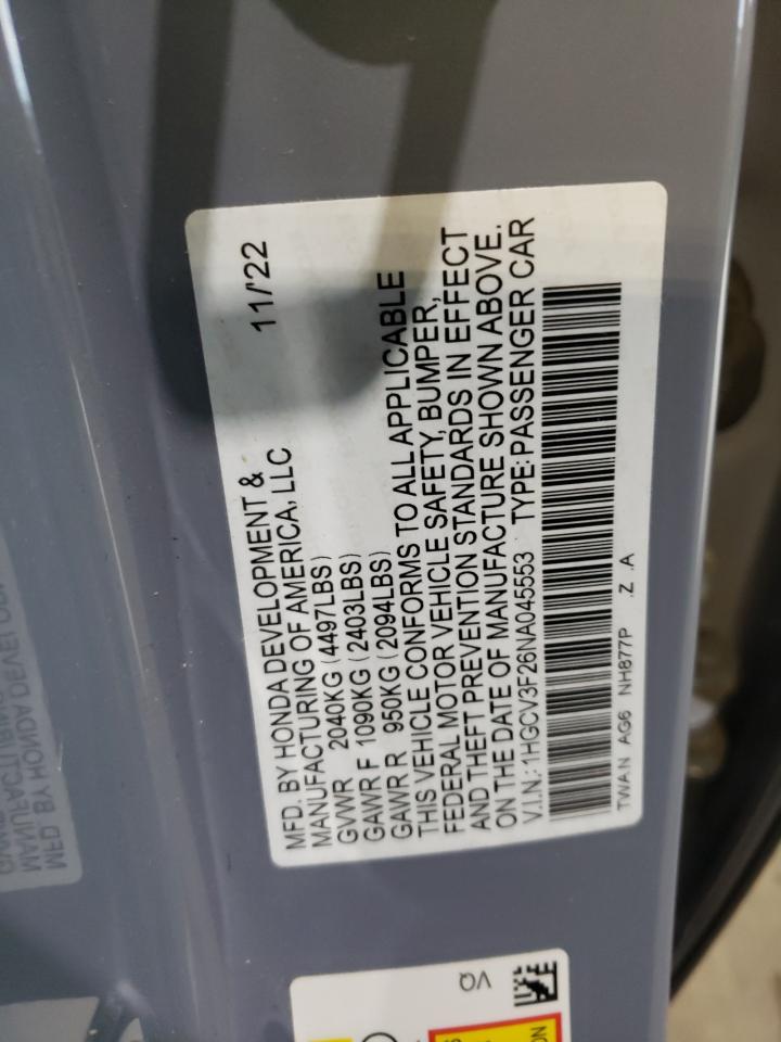 Auction sale of the 2022 HONDA ACCORD , vin: 1HGCV3F26NA045553, lot number: 85505014
