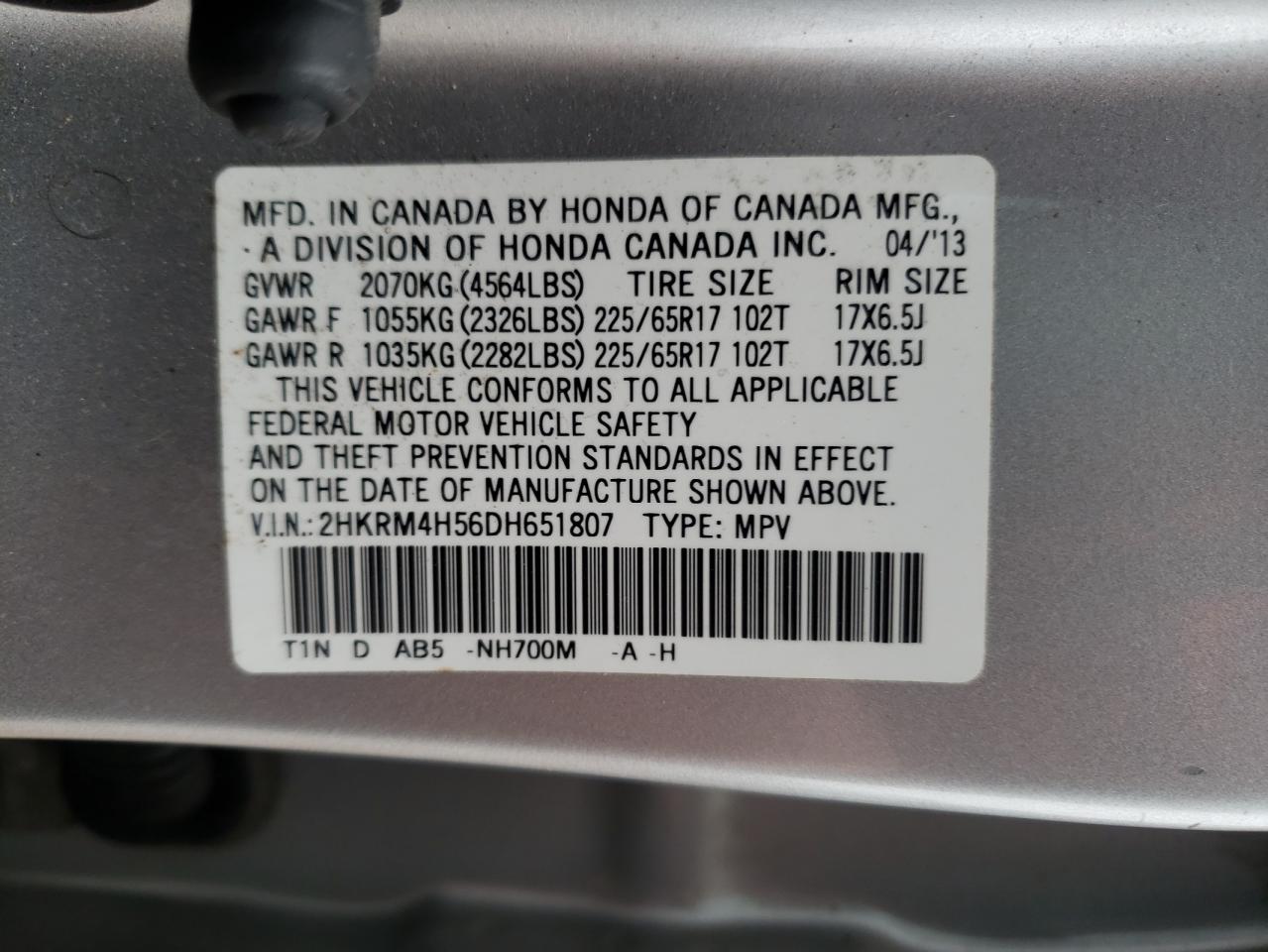 2013 Honda Cr-V Ex VIN: 2HKRM4H56DH651807 Lot: 83818844