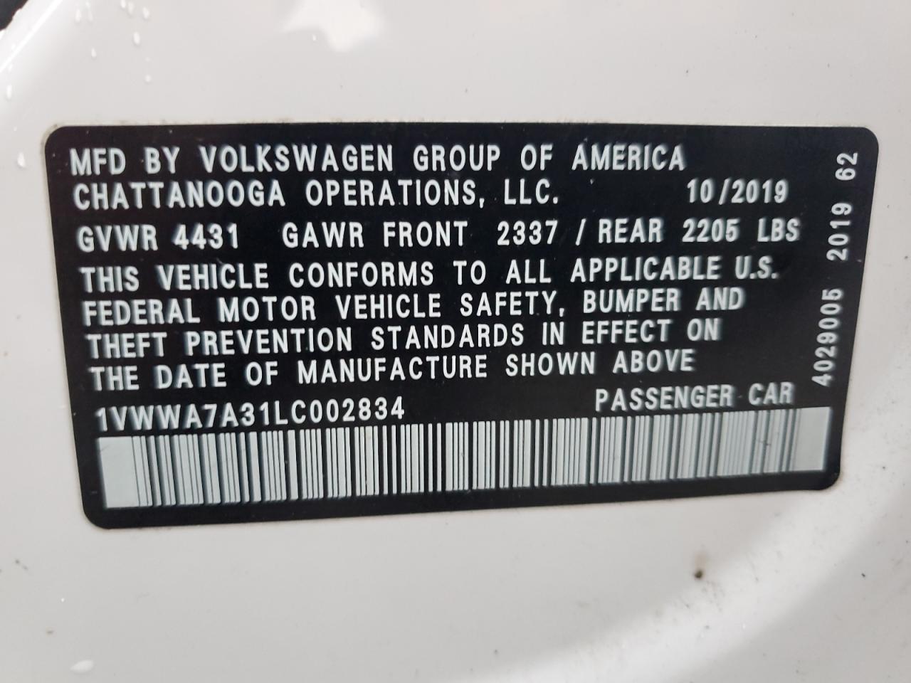 VIN 1VWWA7A31LC002834 2020 VOLKSWAGEN PASSAT no.12