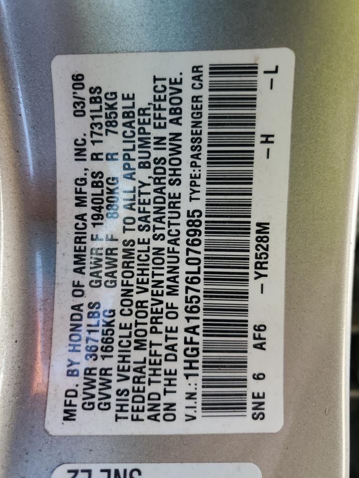 2006 Honda Civic Lx VIN: 1HGFA16576L076985 Lot: 83759964