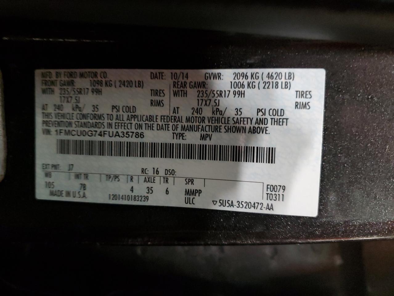 VIN 1FMCU0G74FUA35786 2015 FORD ESCAPE no.13