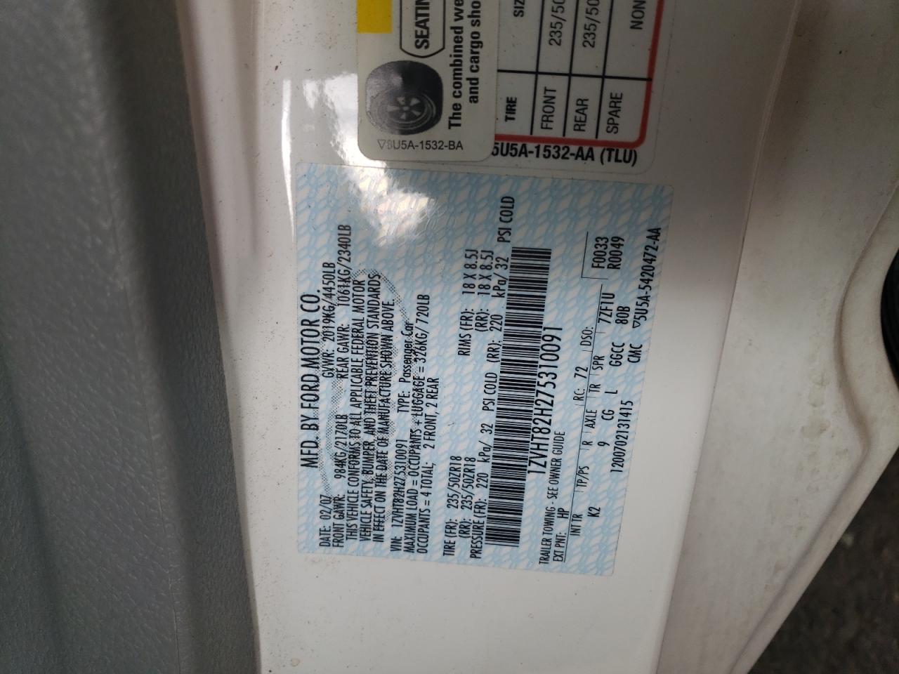 2007 Ford Mustang Gt VIN: 1ZVHT82H275310091 Lot: 84567384