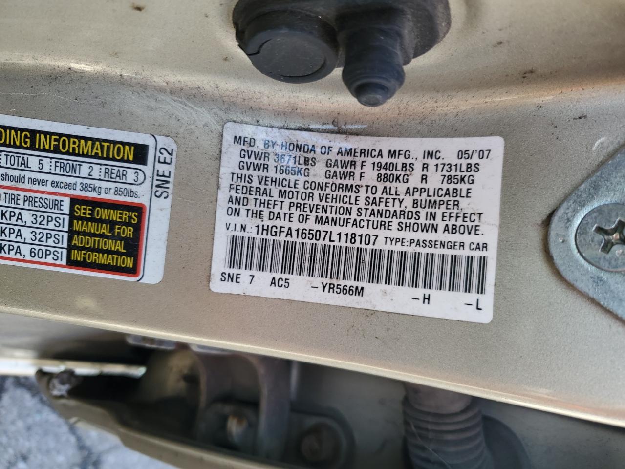 2007 Honda Civic Lx VIN: 1HGFA16507L118107 Lot: 80431815
