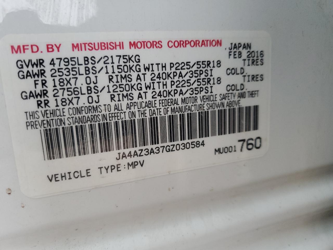 VIN JA4AZ3A37GZ030584 2016 MITSUBISHI OUTLANDER no.13