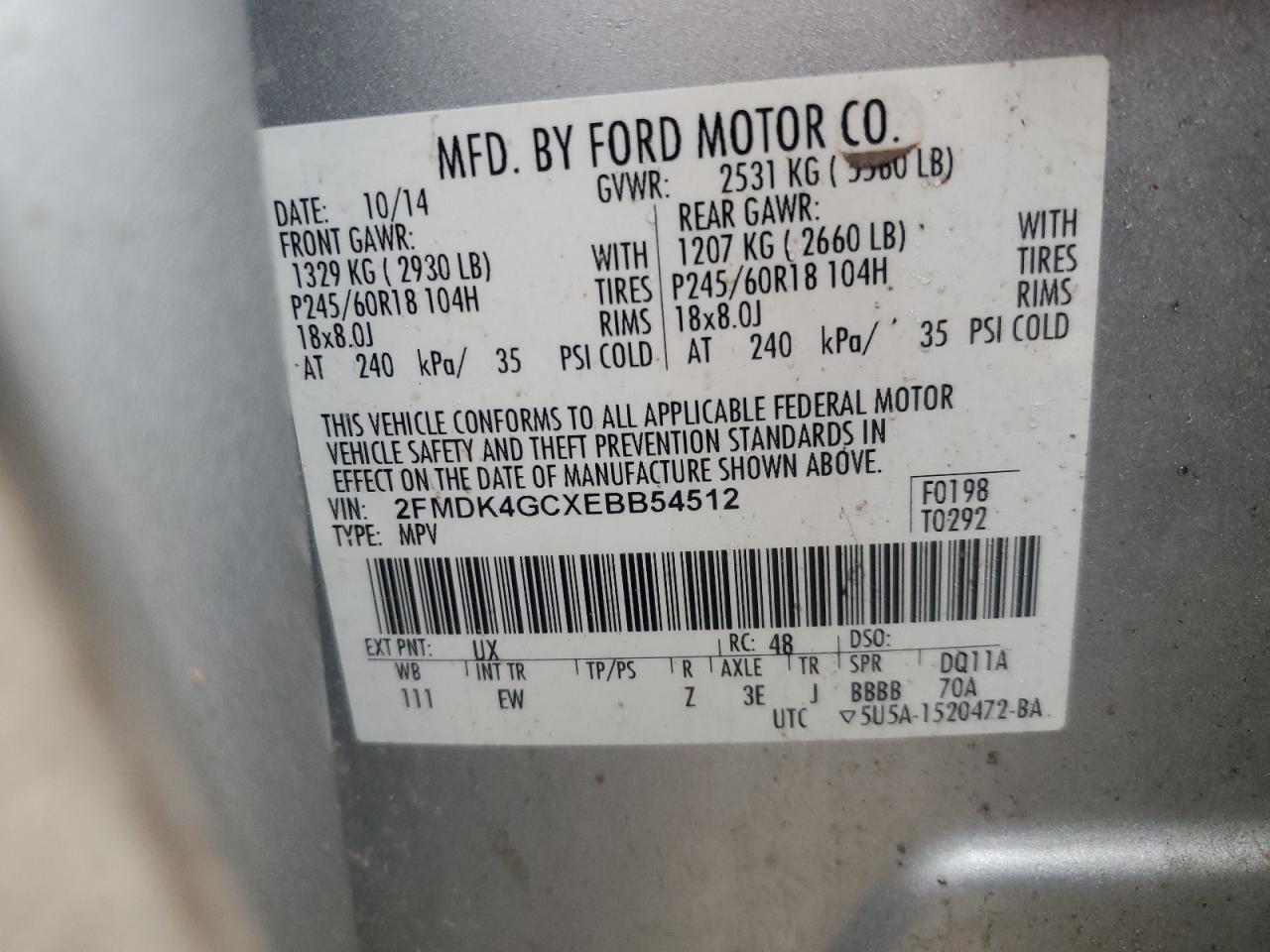 2014 Ford Edge Se VIN: 2FMDK4GCXEBB5452 Lot: 85937264