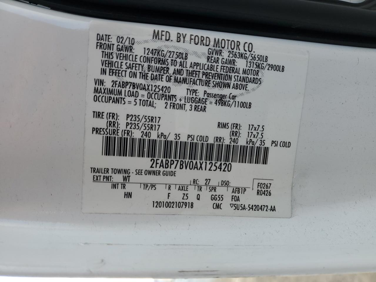 2010 Ford Crown Victoria Police Interceptor VIN: 2FABP7BV0AX125420 Lot: 83396584