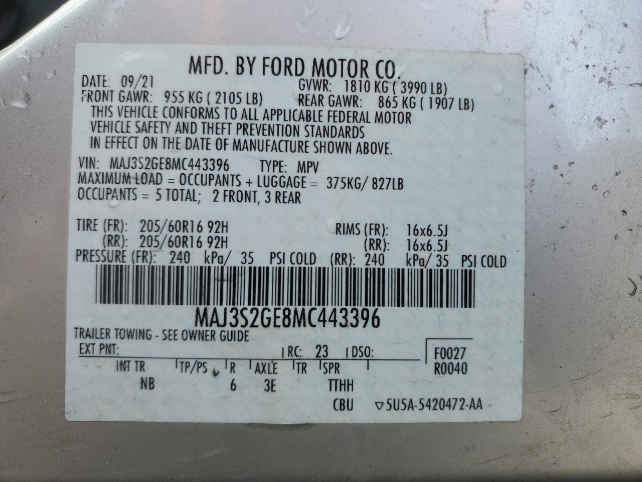 VIN MAJ3S2GE8MC443396 2021 FORD ECOSPORT no.13