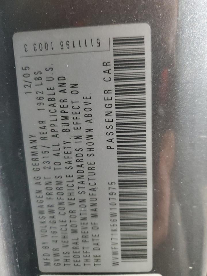 2006 Volkswagen New Gti VIN: WVWFV71K56W107975 Lot: 84029684