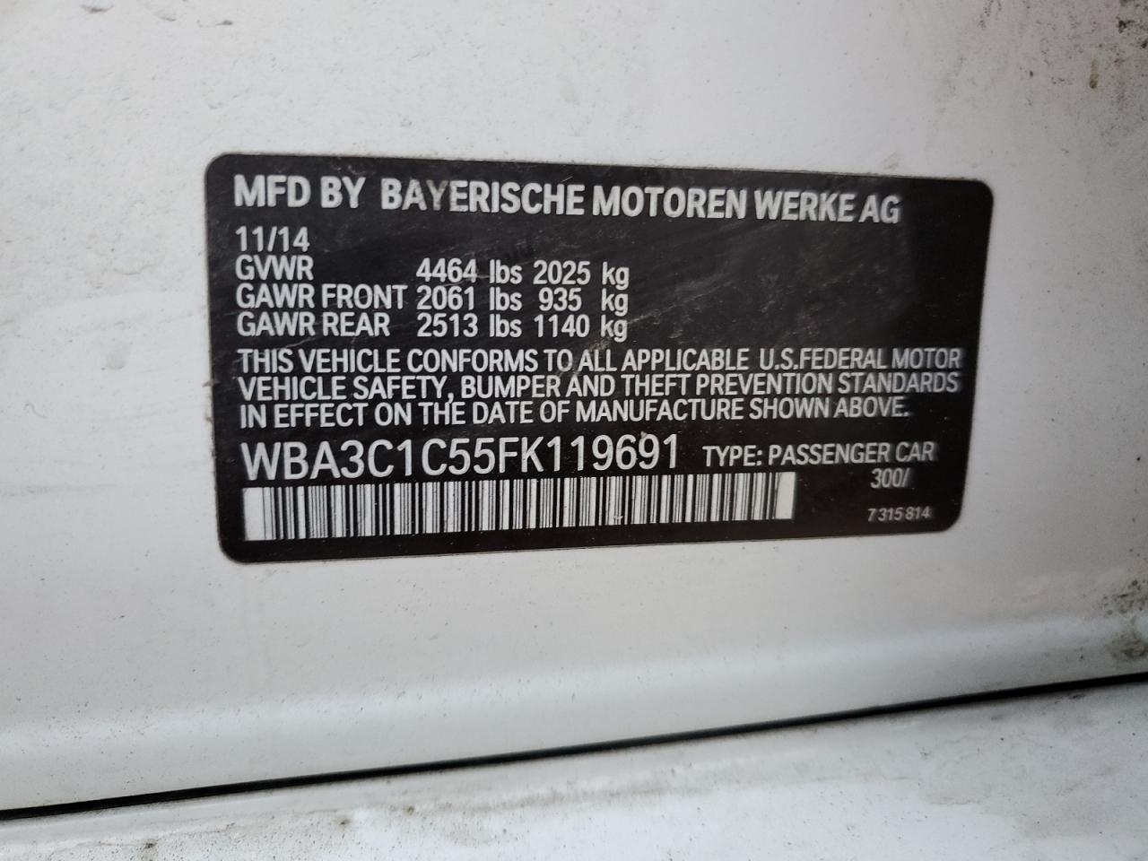 VIN WBA3C1C55FK119691 2015 BMW 3 SERIES no.12